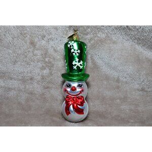 Christopher Radko Art Glass Snowman Christmas Ornament Green Hat Glitter READ